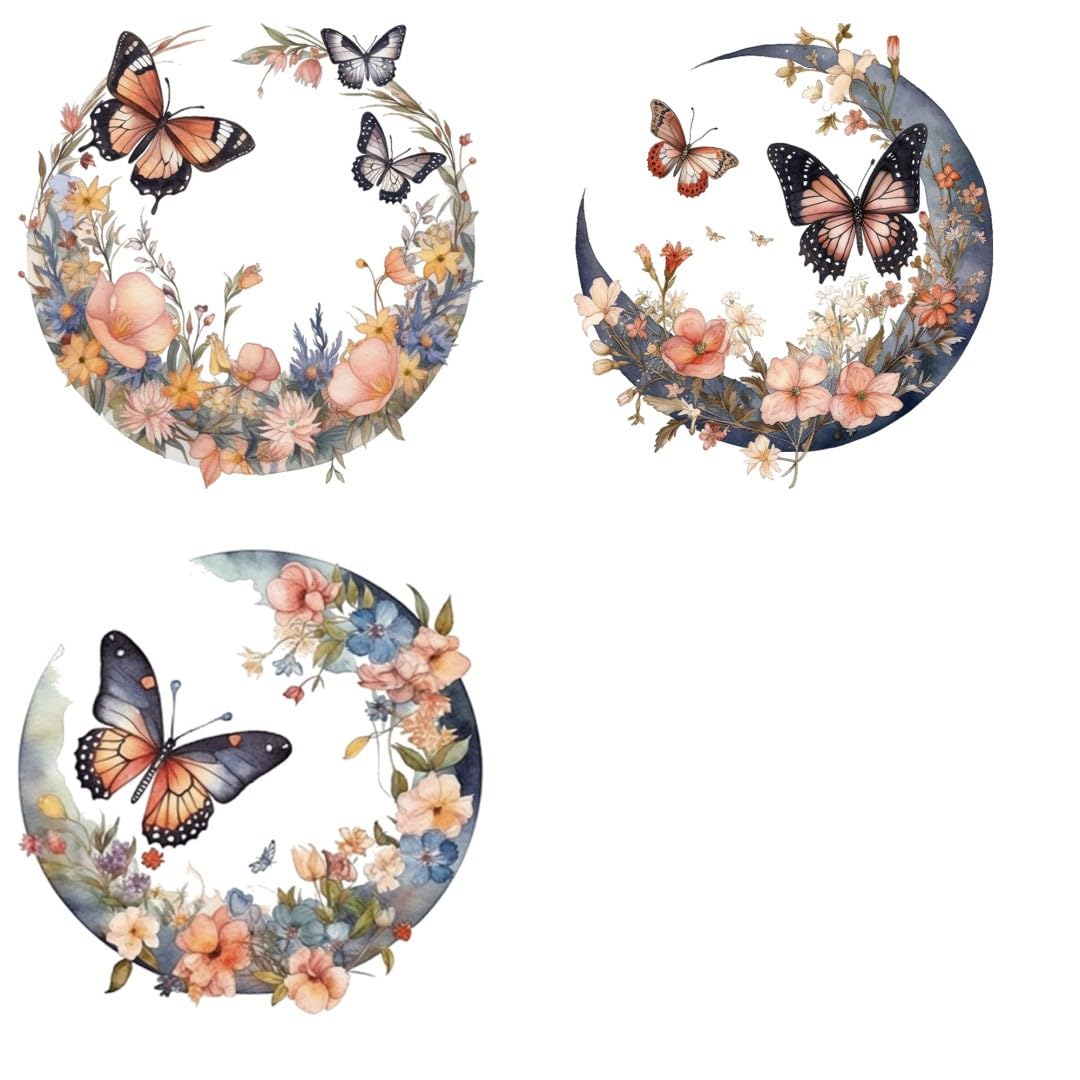 Watercolor Moon and Butterfly Flowers Iron Transfer Patch Heat Transfer Sticker Vinyl Design Iron Applique T-Shirt Clothing DIY Craft Applique Clothing Decoration (P2)