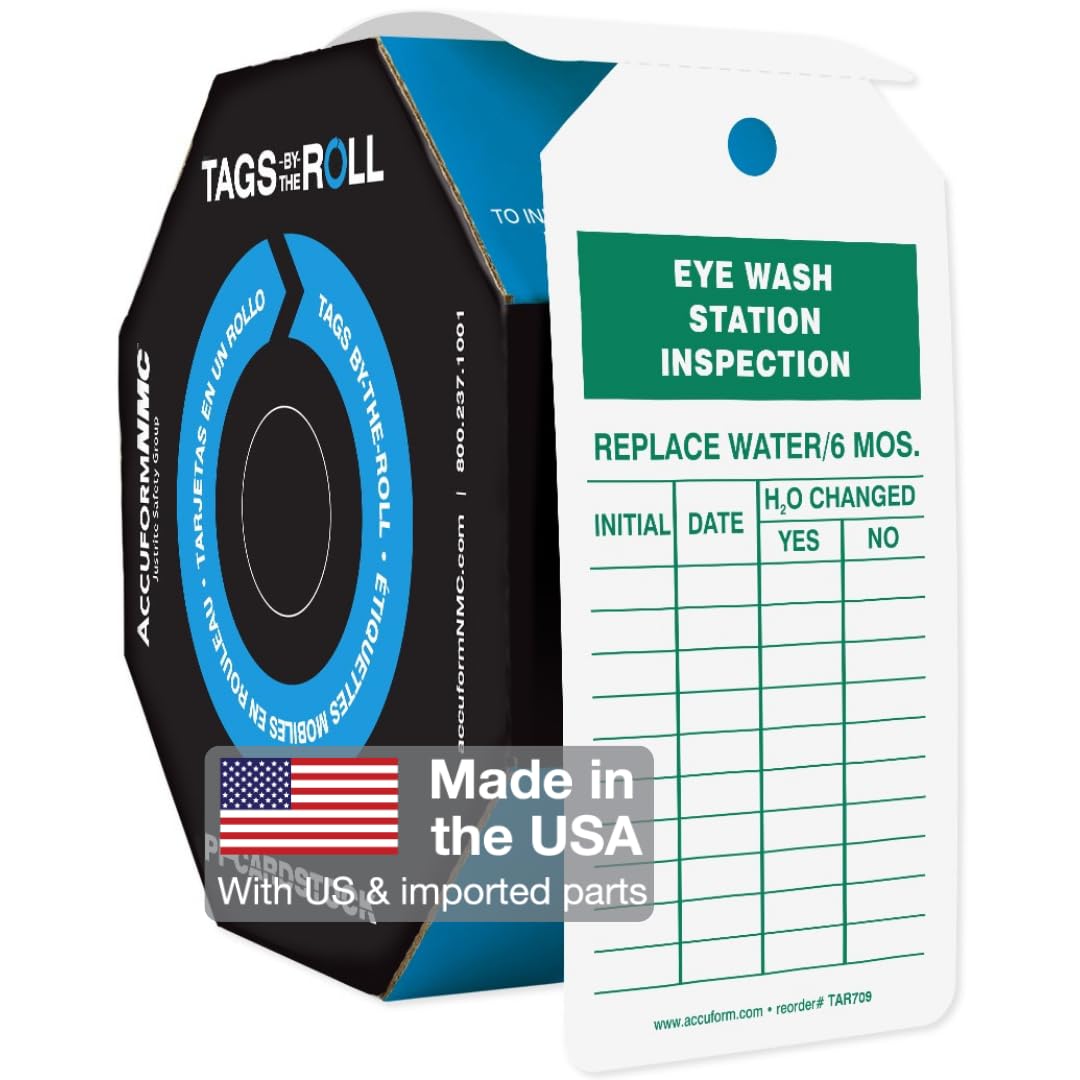 AccuformNMC 100 Tags by-The-Roll, Eyewash Station Inspection Tags with Record, US Made OSHA Compliant Eye Wash Tags, Waterproof PF-Cardstock, Resists