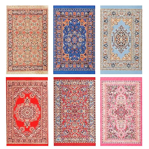 6 Pcs Miniature Carpets Mini Floral Print Carpet 6 Inch Vintage Woven Rug for Miniature Furniture Decoration Accessory