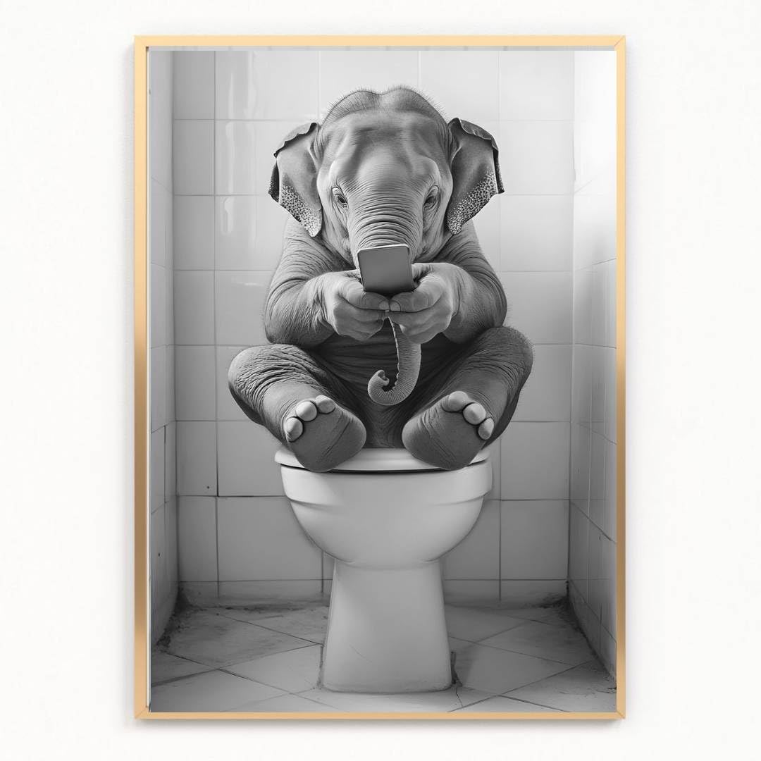Gfc Black White Funny Bathroom Toilet Animal Print Picture Poster Elephant On A Toilet Selfie Phone A4 Unframed Wall Art Home Decor Decorating