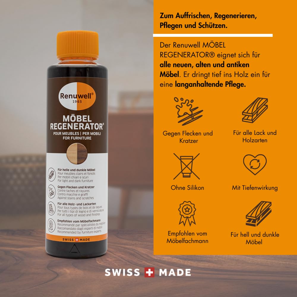 Renuwell Regenerador de muebles, 500 ml, cuidado intensivo y regeneración para muebles y superficies de madera, elimina manchas de agua, arañazos y calor, anillos de calidad suiza