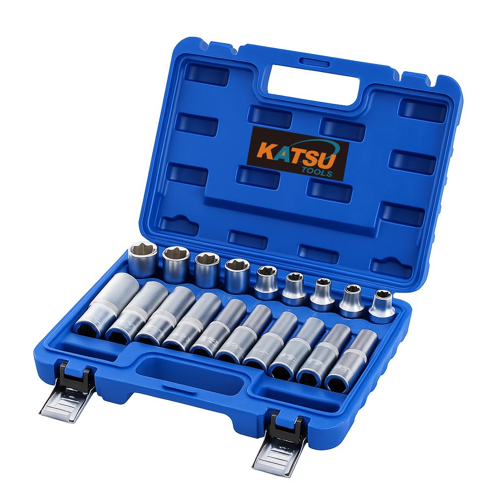 KATSU Tools Set di Bussole da 1/2" da 19 Pezzi, Bussole Torx CR-V, Tipo E E8 - E24, Lunghe e Corte, Custodia in Plastica