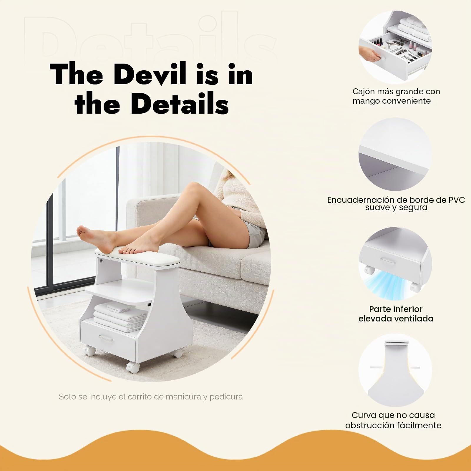 Reposapiés de pedicura con cajón, 3 niveles para el cuidado de las uñas, con 4 casters con frenos, reposapiés y pedicura hasta 50 kg, para salón de belleza, salón de uñas, baños de pies