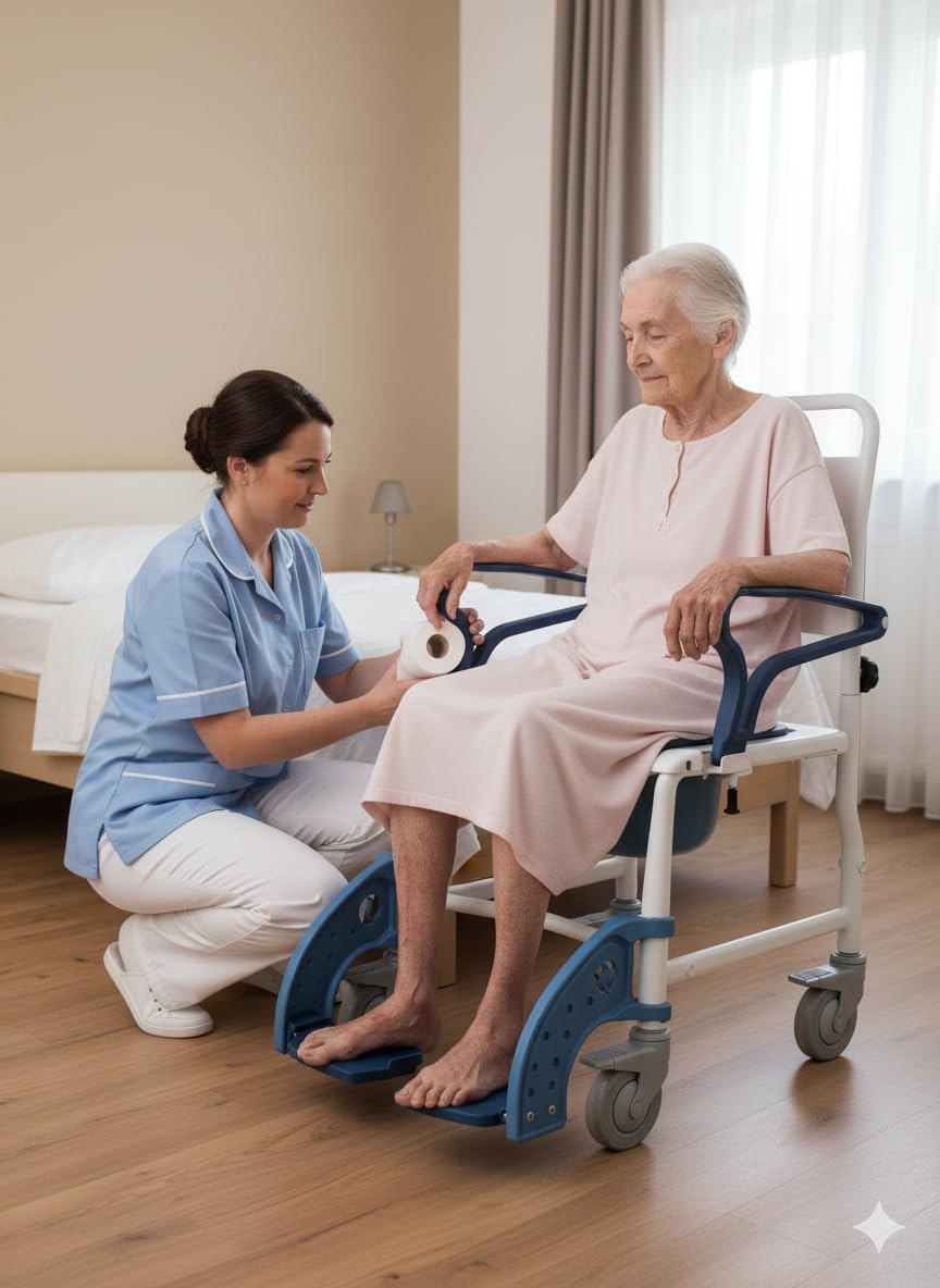 Silla de Ducha con Ruedas 3 en 1, Silla de Inodoro y Transporte para Personas Mayores, con Cubeta Extraíble, Reposapiés y Reposabrazos Abatibles, Asiento Ergonómico