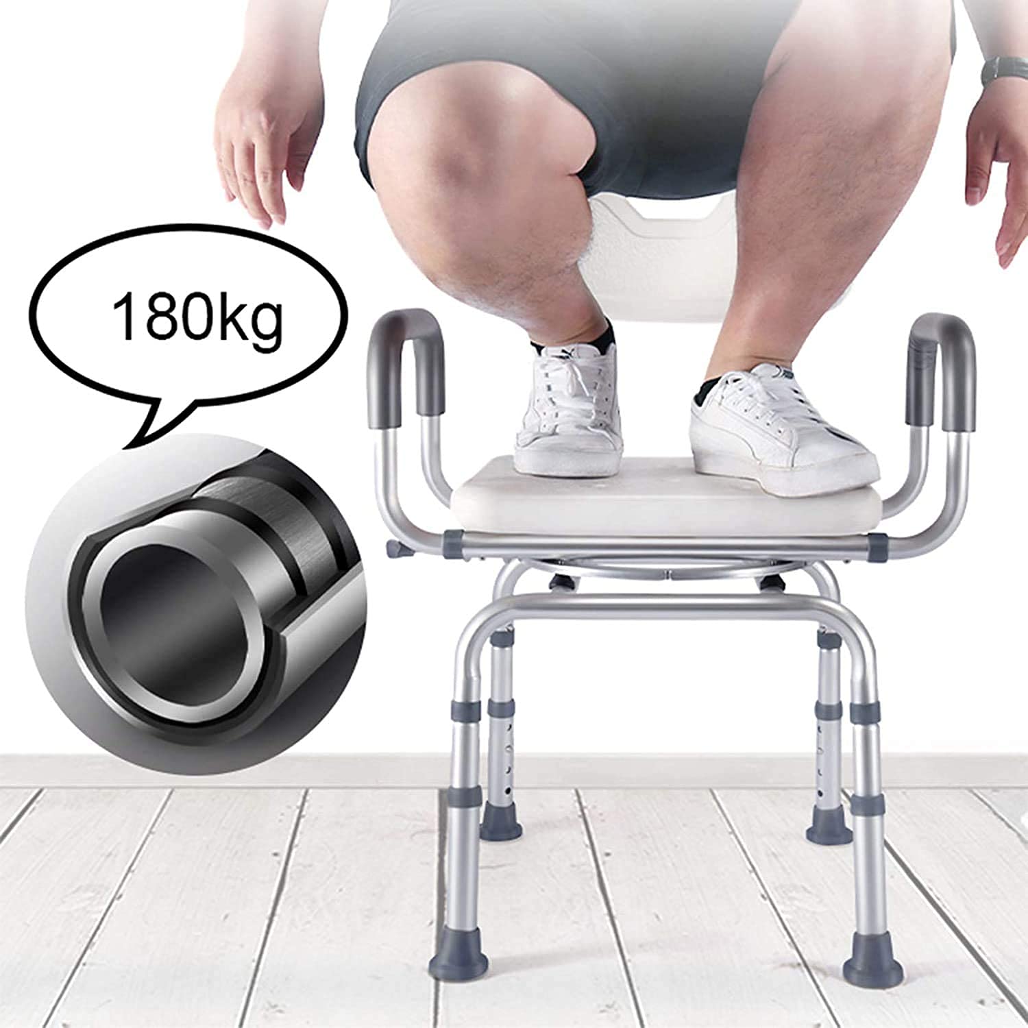 CHEWYNP Silla de Ducha Asiento de Ducha de Altura Ajustable para Trabajo Pesado con Brazos y Respaldo Taburete de Ducha de baño Giratorio Antideslizante, para Ancianos Instalaciones Auxili