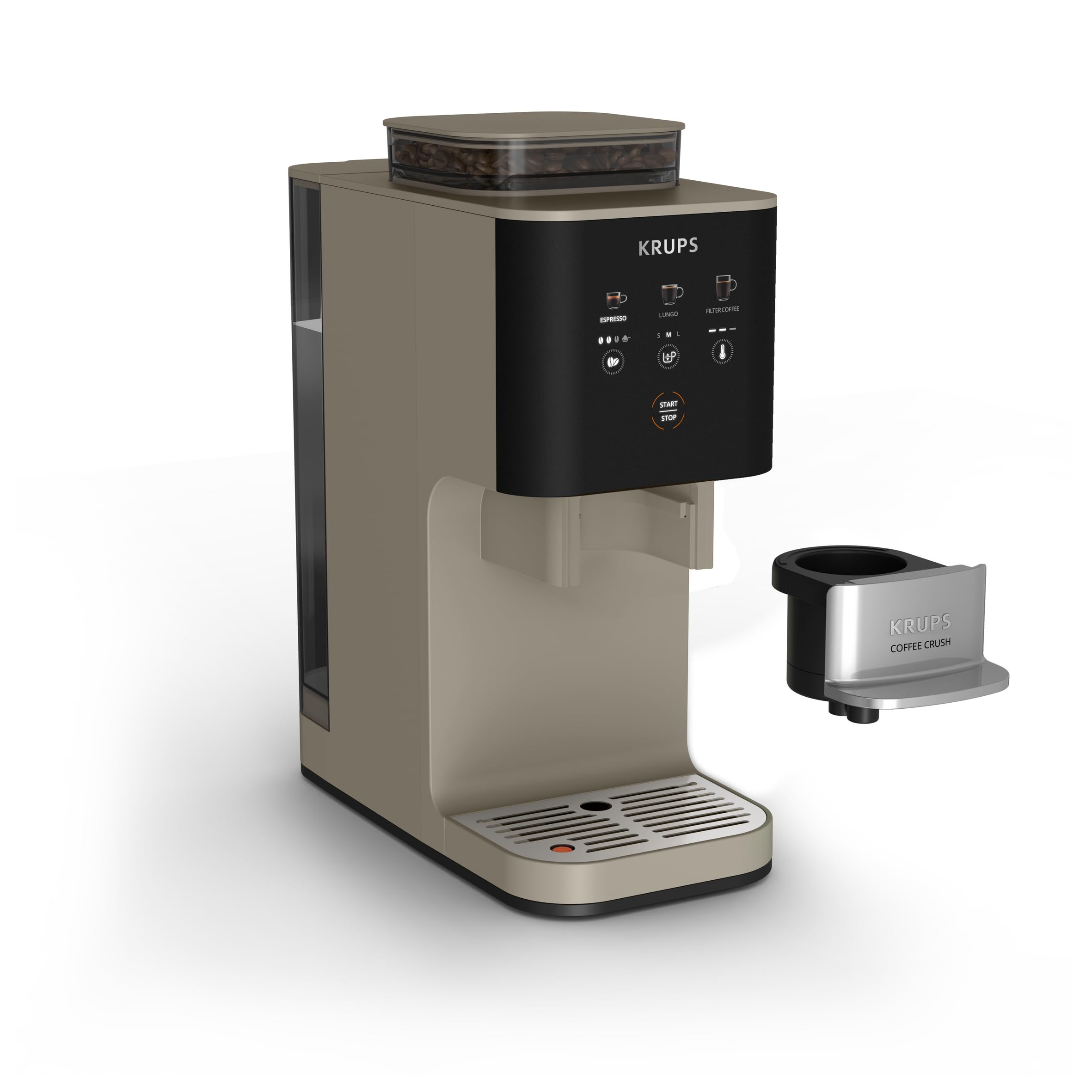 Krups Coffee Crush SA402AE0 Ekspres do kawy ciśnieniowy kolbowy z młynkiem, młynek ze stali nierdzewnej, tylko 15 cm szerokości, inteligentny panel sterowania, ciśnienie 15 barów