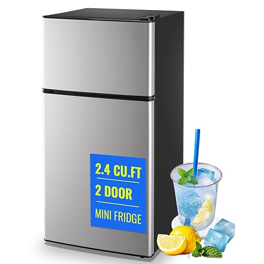 Small Fridge with Freezer Small Refrigerator 2.4 Cu.ft Fridge Dual Door Apartment Size for Personal Senven Temp Gear Silver