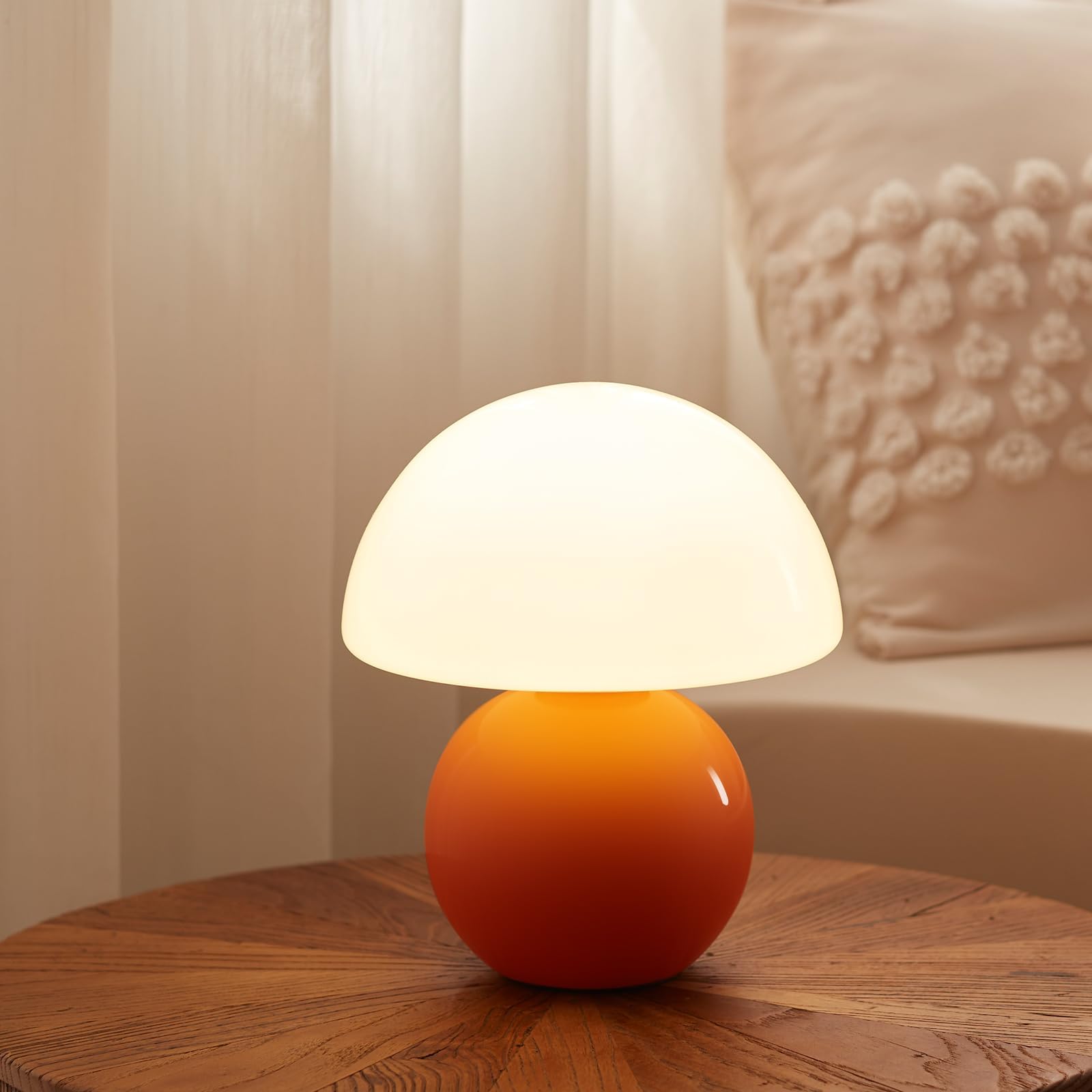 Mushroom Bedside Table Lamp, LED Dimmable, Decorative, Orange Glass Ceramic Base