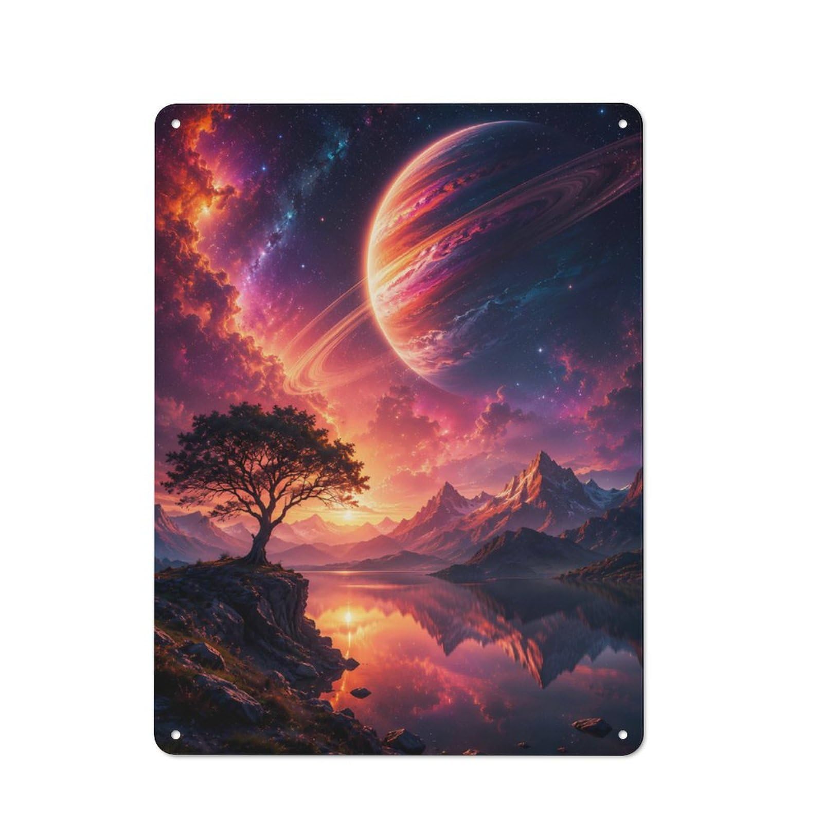 Tin Wall Plaque 40x30cm with Cosmic Landscape with Planet And Tree for Guest Room Or Hallway, for Updating Guest Room And Hallway after Moving