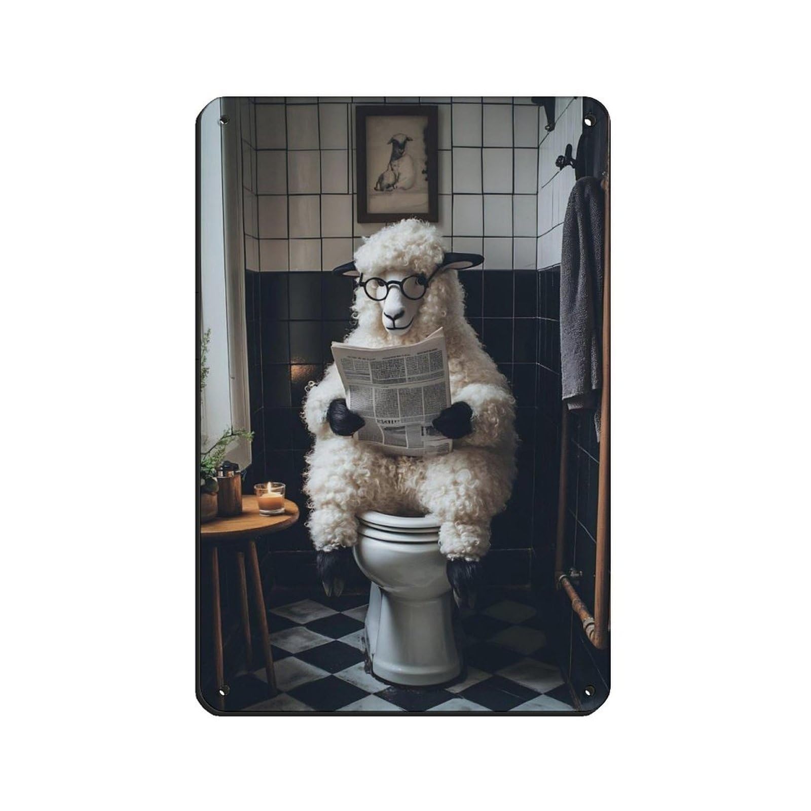 Quirky Sheep Reading Newspaper Retro Poster Metal Tin Sign Chic Art Retro Iron Painting Bar People Cave Cafe Family Garage Poster Wall Decoration 8x12inch(20x30cm)