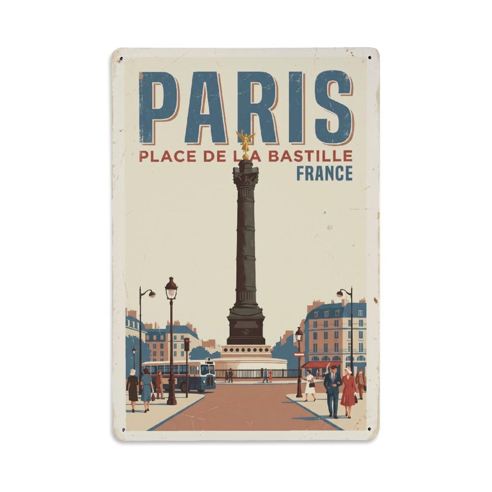 Vintage Travel Paris Bastille Column Rusted France Metal Tin Sign Plaque Wall Decor for Cafe, Club Bar, Office, Home Garden Metal Poster 8x12Inch