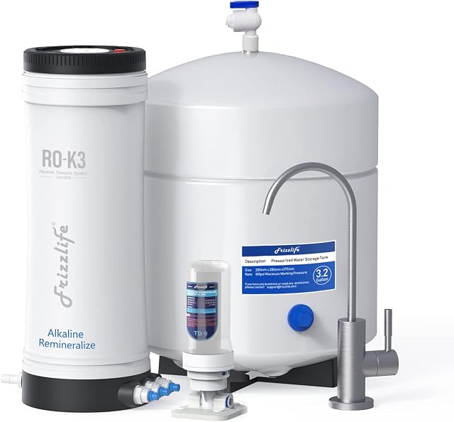Frizzlife RO-K3-A Reverse Osmosis Water Filtration System - Alkaline PH+ Remineralization, 6-Stage Under Sink RO Water Filter, 100 GPD, 1:1 Pure to Drain, Superb Taste, Quick Install, USA Tech Support