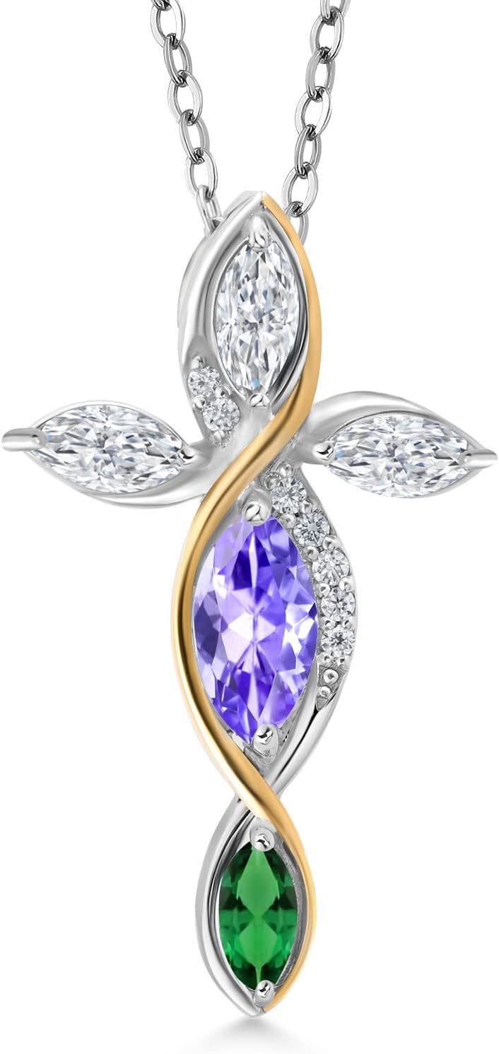Cross Necklace For Women In 925 Silver and 10K Yellow Gold with Tanzanite and White Moissanite and Nano Emerald | 1.42 Cttw | Jesus Christian Religious Crucifix | Marquise 8X4MM | With 18 Inch Chain