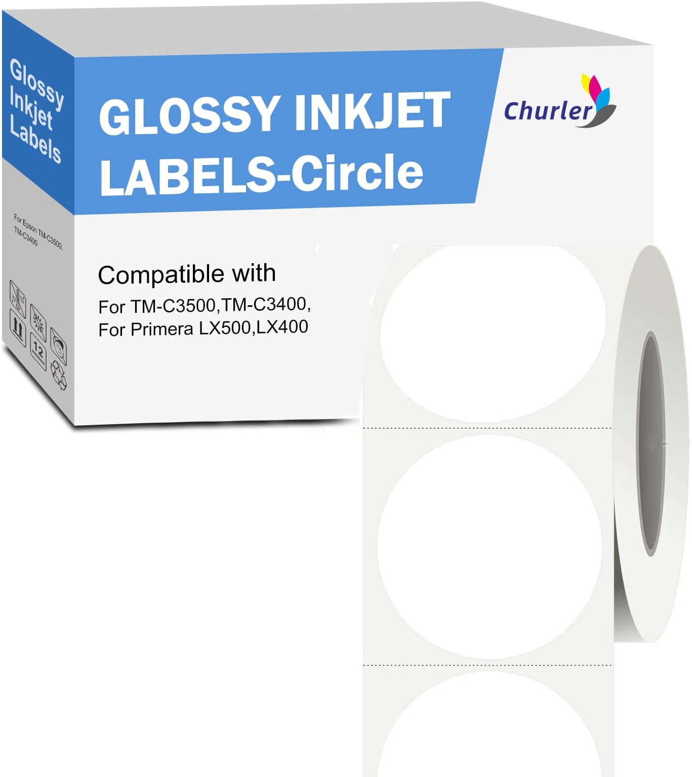 Inkjet Labels 2" Circle 500 pcs Labels/Roll on a 2 Inch Core for TM-C3500,TM-C3400 for Primera LX500,LX400