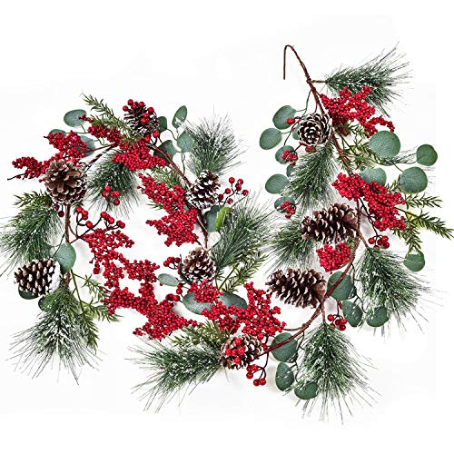 Artiflr 6Ft Berry Christmas Garland with Berries Pine Cones Spruce Eucalyptus Leaves Winter Pine Cones Garland for Holiday Season Mantel Fireplace Table Runner Centerpiece Decor