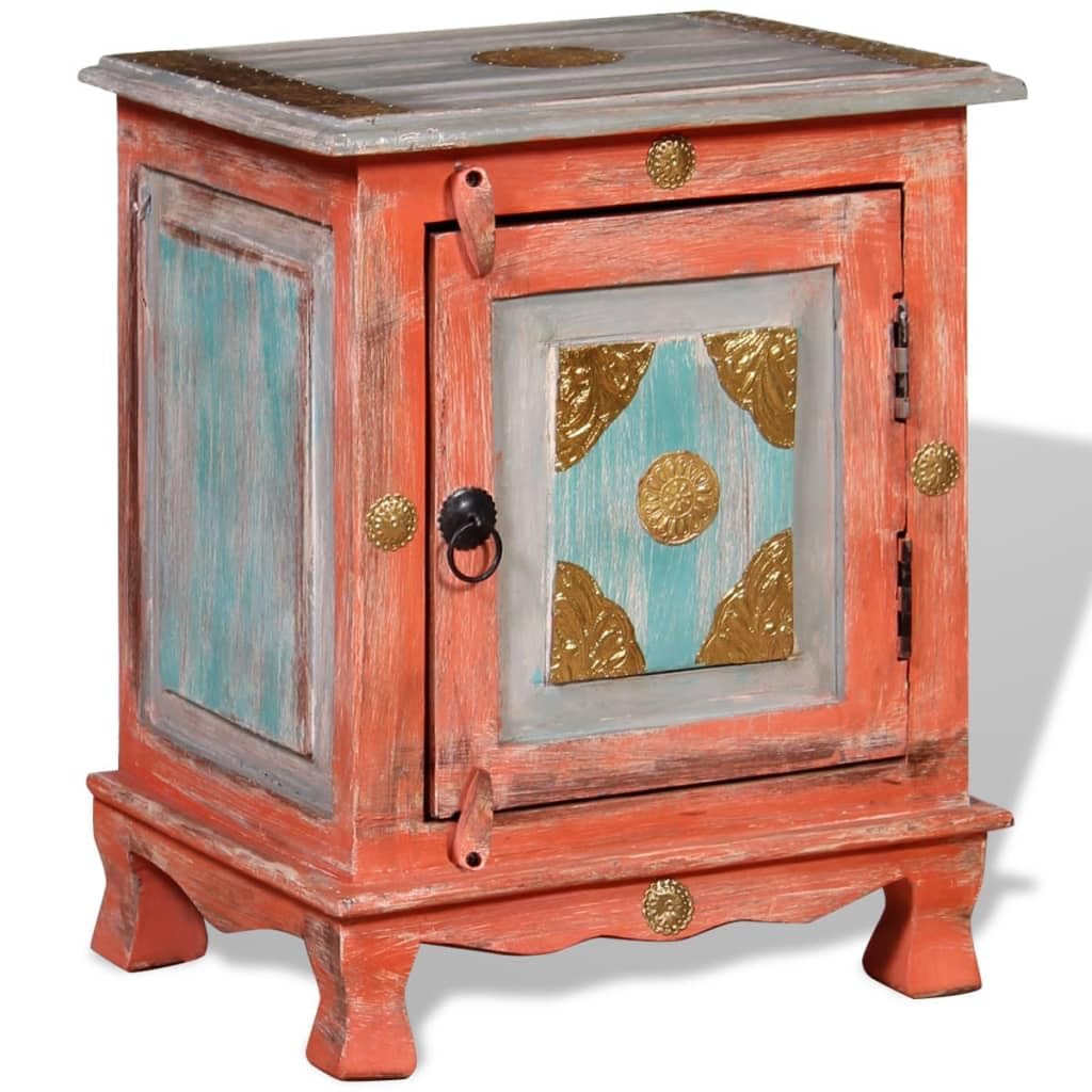 Stolik nocny z litego drewna mango pomarańczowy ręcznie wykonany 40 x 30 x 50 cm z dużymi drzwiami i mosiężnymi okuciami w indyjskim stylu vintage jako stolik pomocniczy i stolik nocny do