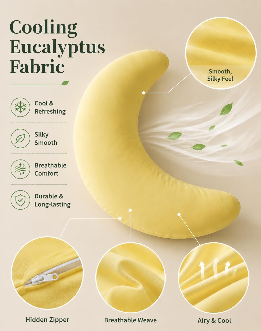 Moon Body Pillow, Giant Moon Sleep Spoon C-Shaped Body Pillow (Light Yellow)