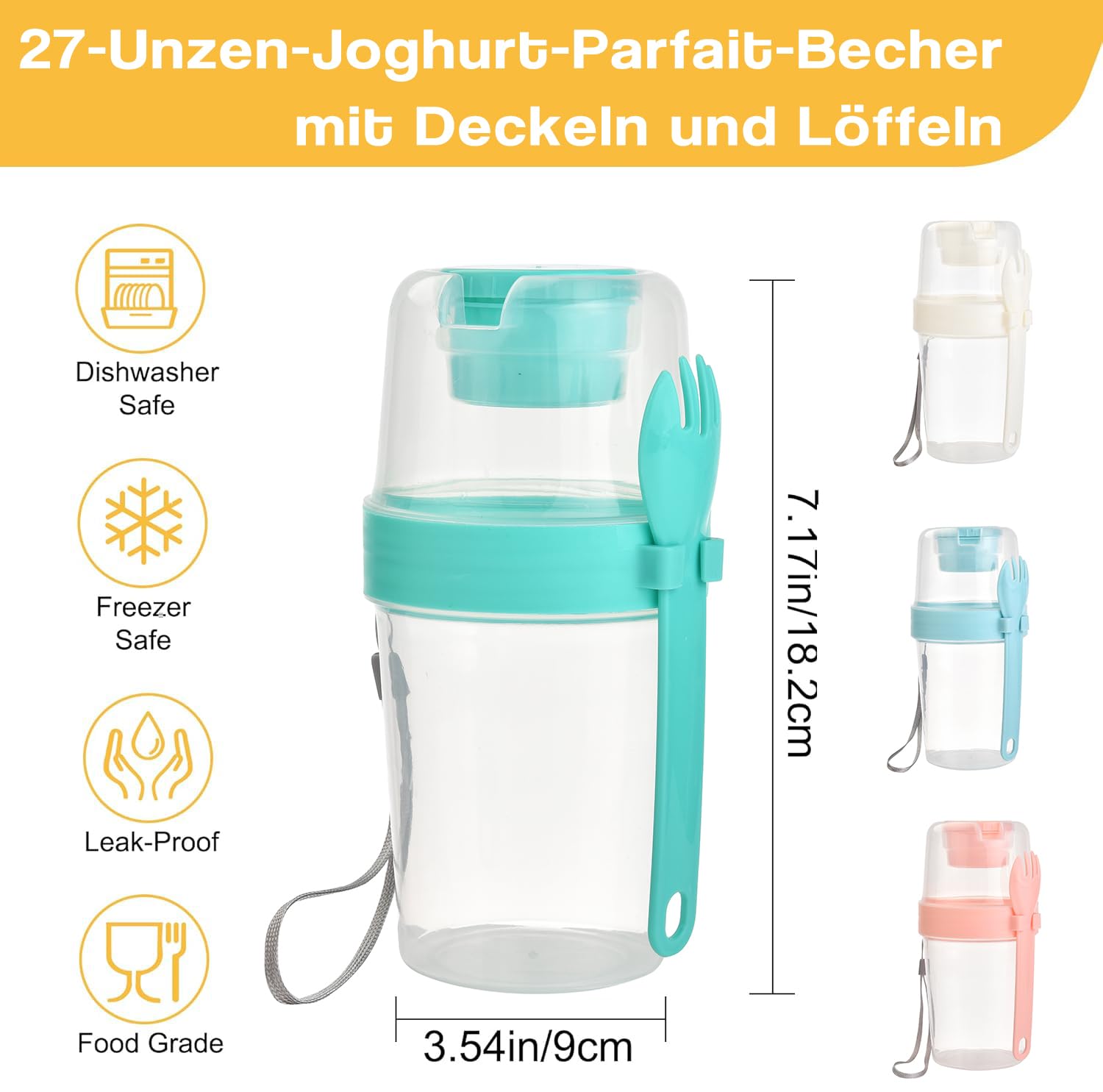 VITEVER 4er-Pack 27 oz wiederverwendbare Joghurt-Parfait-Becher mit Deckel und Löffel, Müsli-Parfait-Becher mit Salatbox, Overnight-Oats-Behälter, auslaufsichere Puddingbecher für Joghurt, Obst, Gemüs