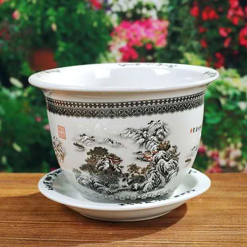 SWENEEN Chinese Ceramic Planter Porcelain Flower Pot With Saucer Bonsai Pot Decorative Plant Pot Succulent Planter For Table Centerpiece Home Office Decor,34 * 23CM