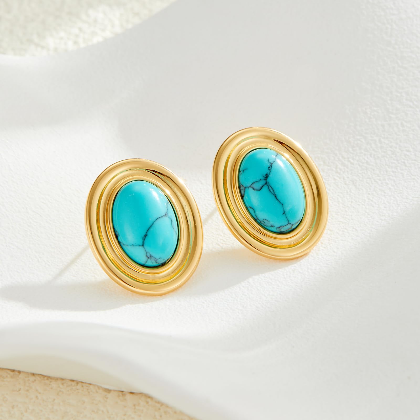 Aretes gruesos de color dorado, geométricos de oro de 18 quilates, turquesa, lapislázuli, verde, rojo, ovalados para mujer, Mediana, Latón, No es una piedra preciosa 3