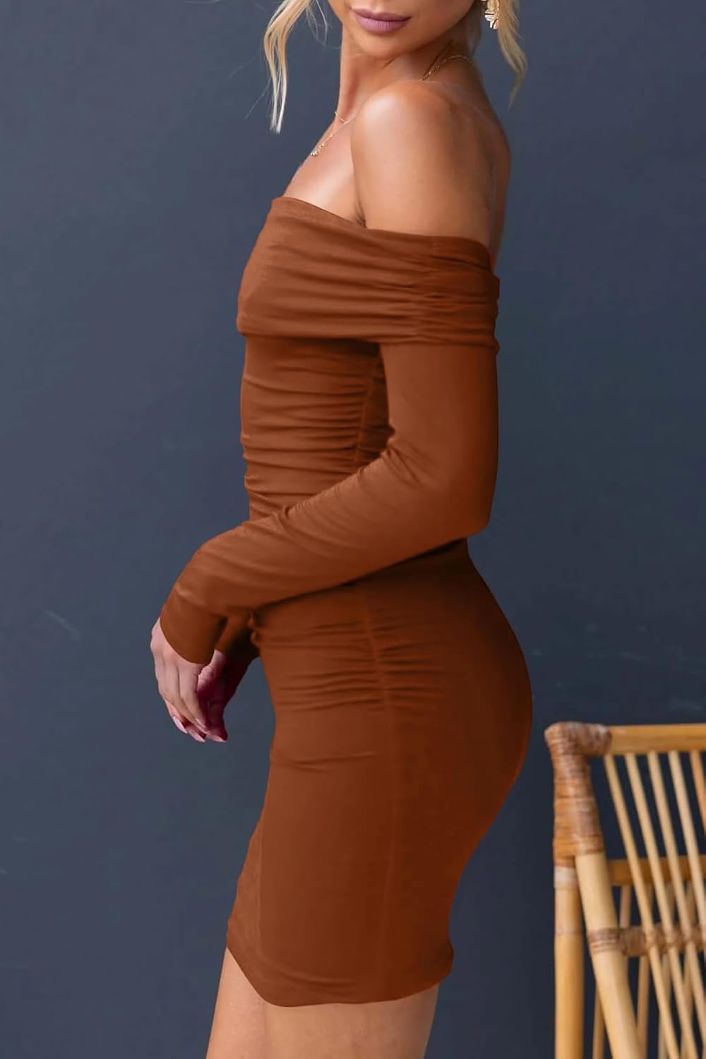 OWIN Women's Fall Off The Shoulder Ruched Bodycon Mini Dress Long Sleeve Ribbed Knit Fitted Club Party Dresses - Image 4