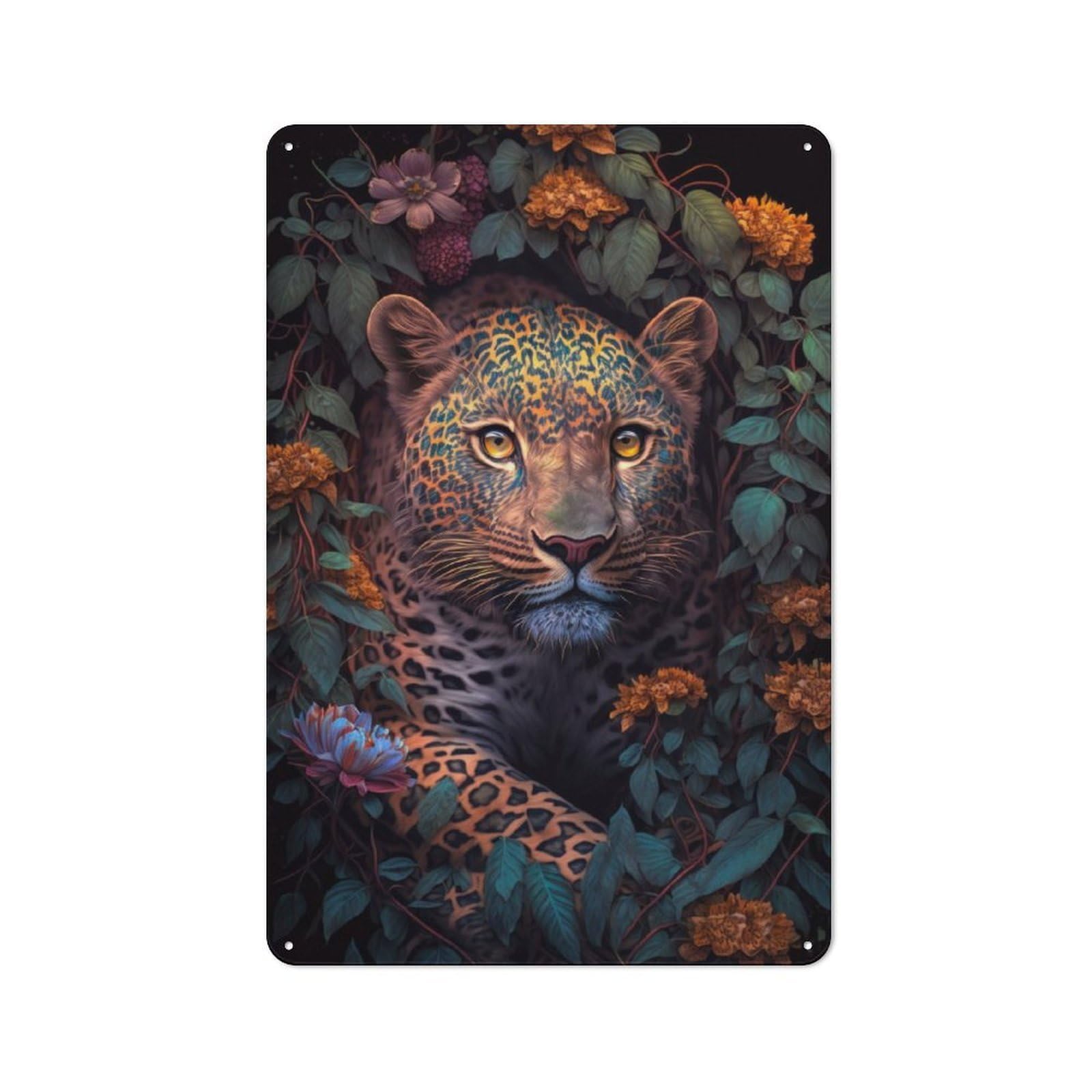 Junmoney The Flowered Leopard Country Vintage Metal Wall Decor 30X20cm, Country Metal Sign For Kitchen, Cottage, Porch Or Garden Room