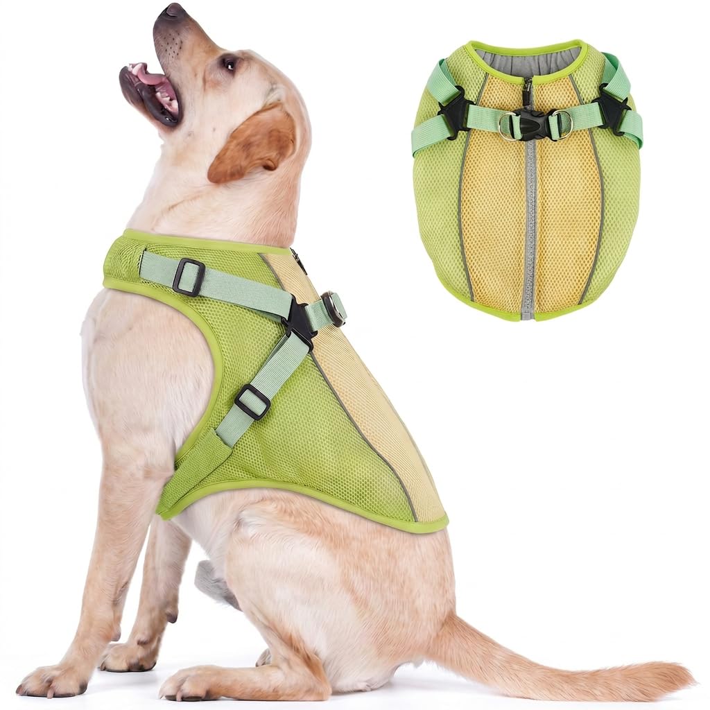 Hjyokuso Dog Cooling Coat with Harness for Medium Dogs, Breathable Evaporative Cooling Jacket, Lightweight Cooling Coat with Reflective Strips, Adjustable Belly Buckle Green XL