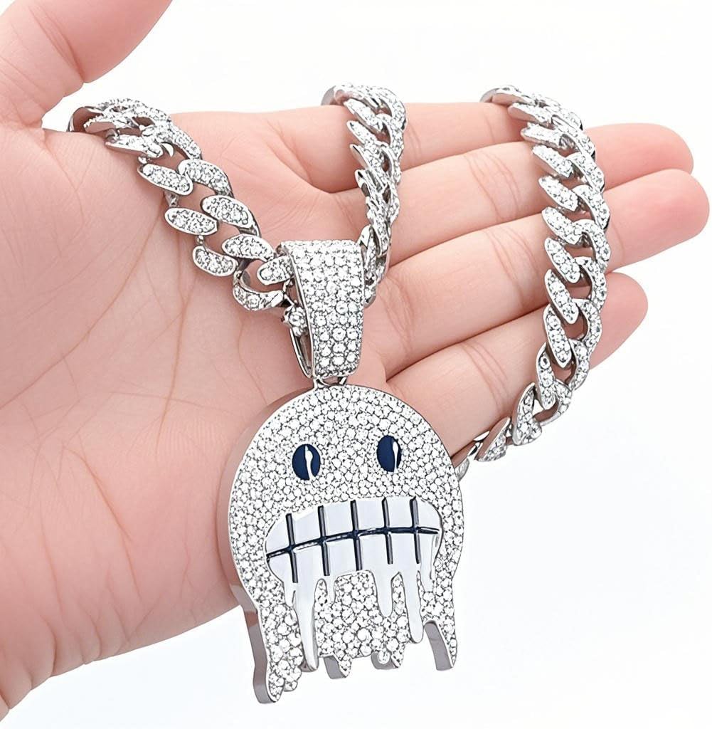 Miami Cuban Link Ice Out Chain for Men Gold Sliver Smiling Face Hip-hop Diamond Pendant Grimace Necklace Bling Mens Jewelry Gift 18-20-22In with Unique Charms - Image 2