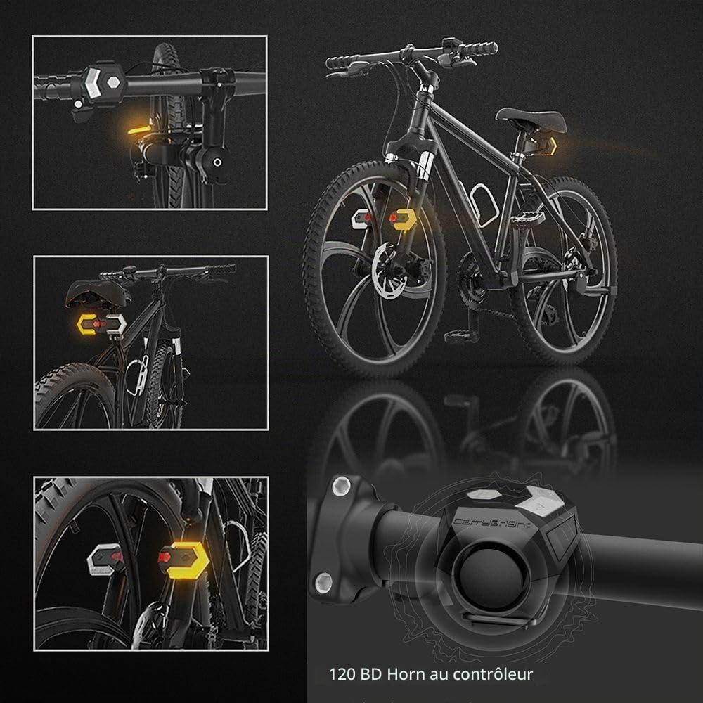 CarryBright CBX4 Clignotants avant et arrière pour vélo avec télécommande sans fil intelligente, indicateur de direction de vélo avec klaxon, blanc et rouge, étanche IPX6
