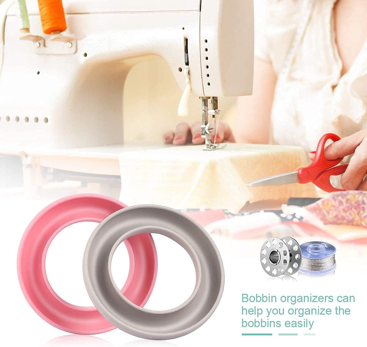 Magicfour Bobbin Holders, 4 Pack Rubber Bobbin Ring Savers Bobbin Organizers Bobbin Ring Holders for Metal or Plastic Sewing Machine Bobbins (Pink, Rose Red, Grey, Light Blue)