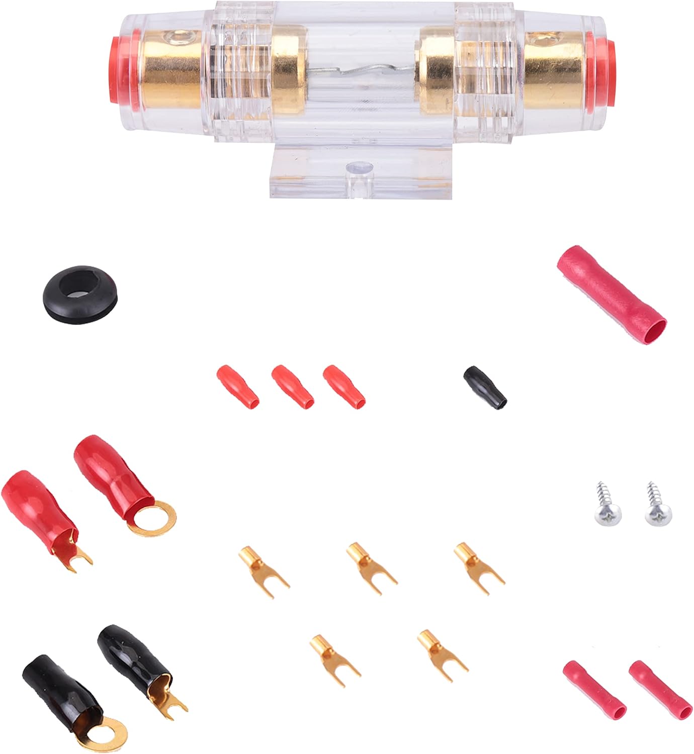 Assortment of terminals, fuse holder, and accessories from the Pyle PLAM40 kit