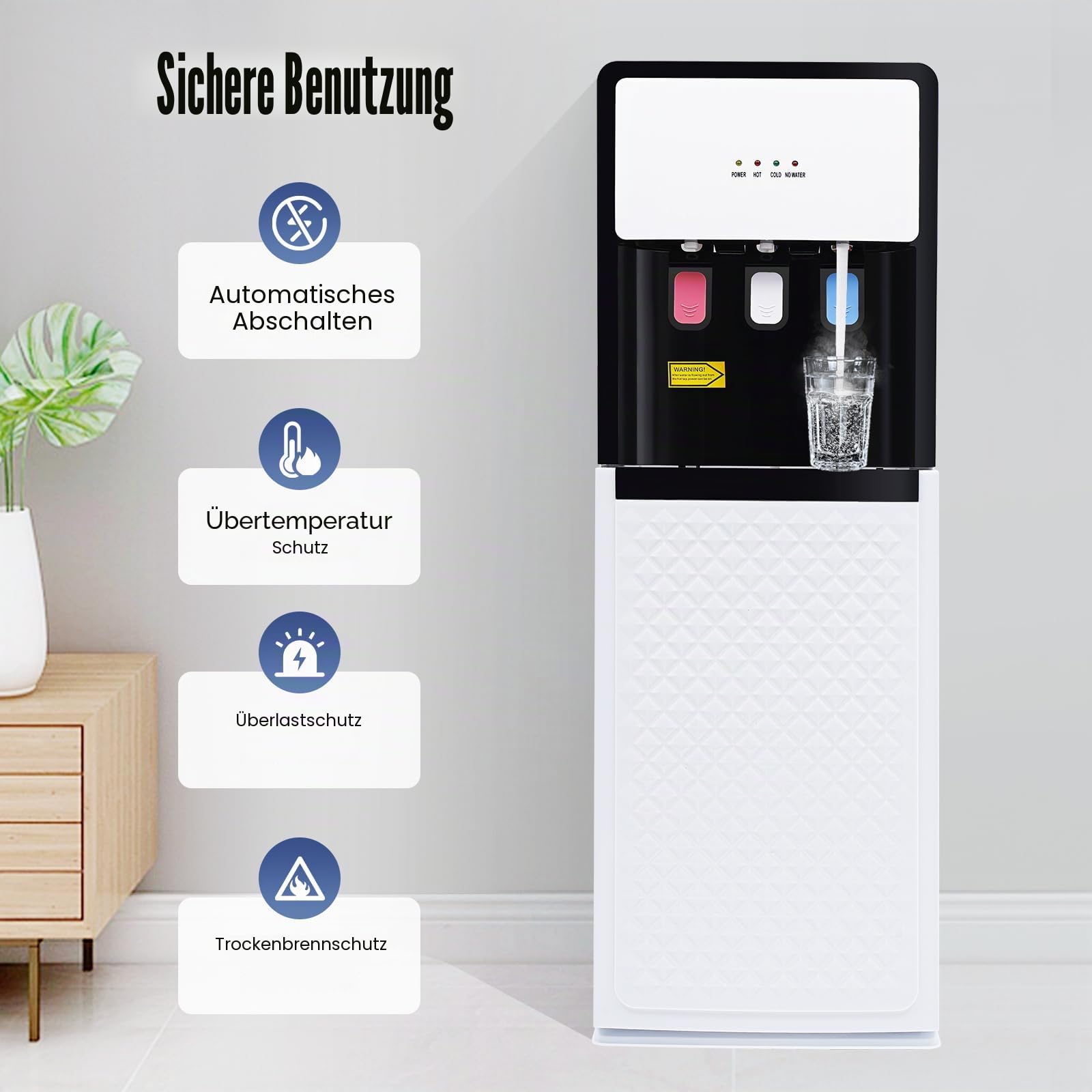 500W Bodenstehender Wasserspender, Elektrischer Heißwasserspender mit 3 Wasserauslässe und Bodenbeladung, Wasserspender für Hause, Büro, Schlafzimmer, Wohnzimmer
