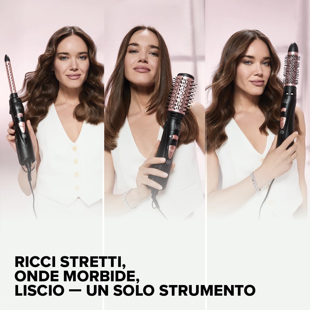 Bellissima Imetec GH30 1000 – Spazzola ad aria calda 5 in 1 | 4 accessori per styling liscio, onde e ricci + beauty bag| Spazzole rivestite in ceramica | Spazzola ad aria calda