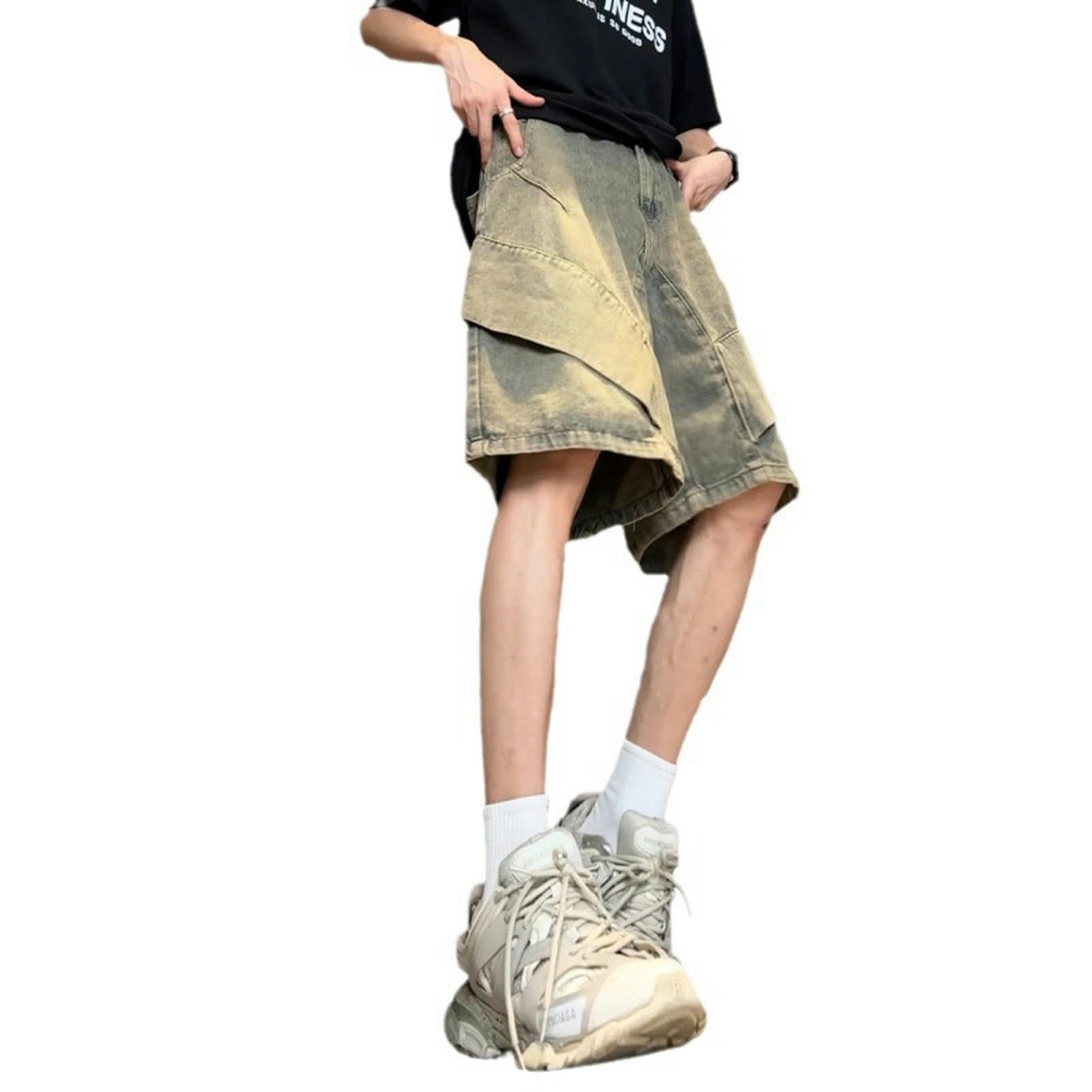 Pantalones Vaqueros Finos de Verano, Pantalones Casuales Sueltos de Calle Alta, Pantalones de Cinco Puntos, Pantalones de Hombre no elásticos, Gris Cemento, S