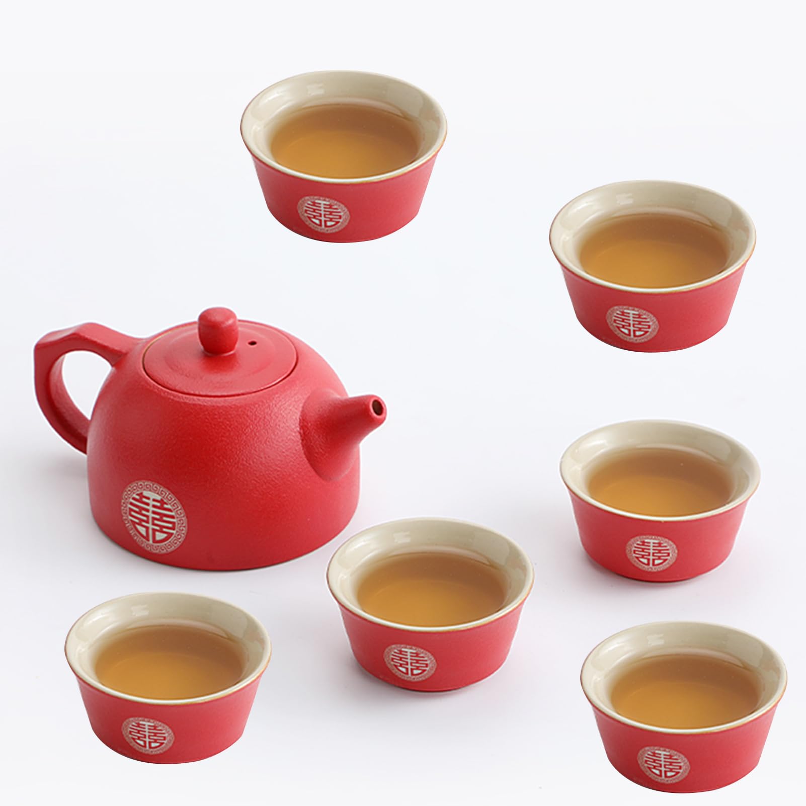 Regalo de boda, chino doble felicidad rojo boda té, hecho a mano cerámica 1 tetera 6 tazas para recién casados, amigos chino tradicional boda decoración suministros