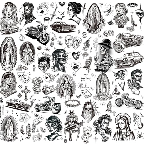 12 Sheets Large Chicano Temporary Tattoos, Cholo and Chola Temporary Tattoos, Chicana Guadalupe Gangster Fake Tattoos Day of the Dead, Día de Muertos, Tatuajes Temporales, Halloween Mexico Tattoos