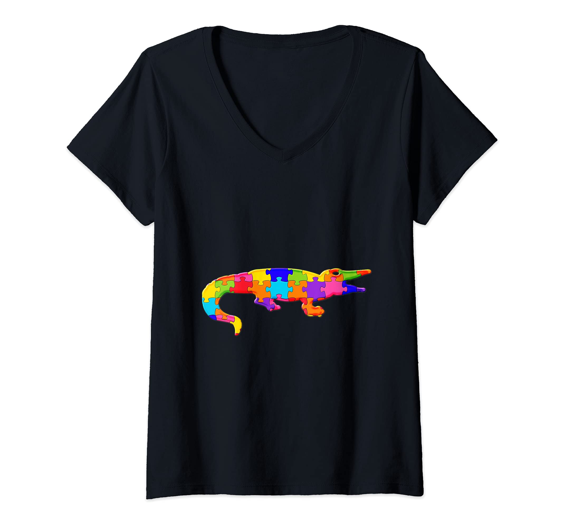 Womens Crocodile Alligator Jigsaw Autism Puzzle V-Neck T-Shirt