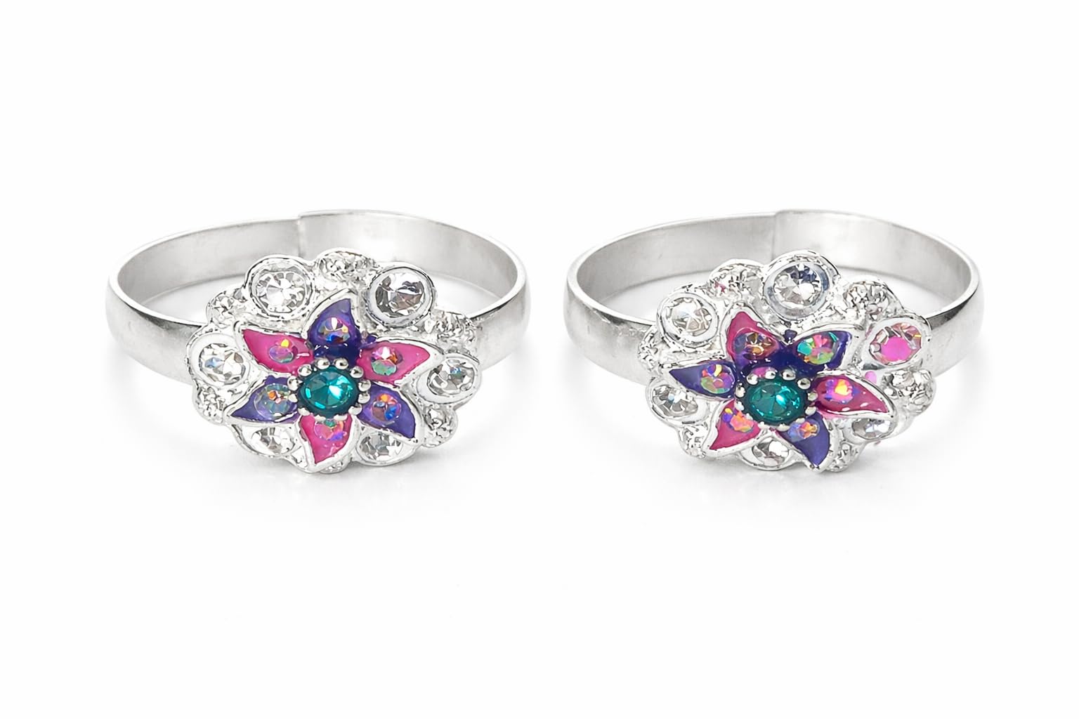 Swamini Creations Floral Design Adjustable Silver Tone Toe Rings for Women with Multicolor Stones Bichiya-picture-18