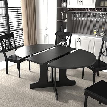 59" Round Extendable Dining Table, Expanding Dining Room Table for 6, Modern Farmhouse Wooden Kitchen Extendable Table Oval Top with Removable Leaf Trestle X Shaped Base Black