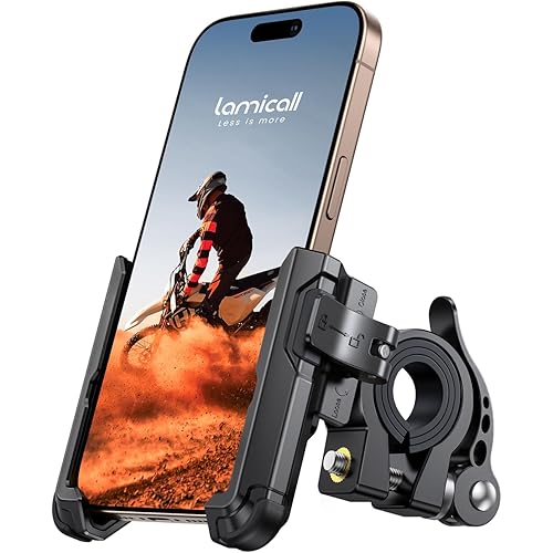 Lamicall Motorcycle Bike Phone Mount - [No Block Camera] [1s Lock] Bike Cell Phone Holder Clamp, Bicycle Scooter Handlebar Clip, Gifts for iPhone 17 16 15 14 Pro Max, Galaxy S25 Ultra, 4.7-7" Phones
