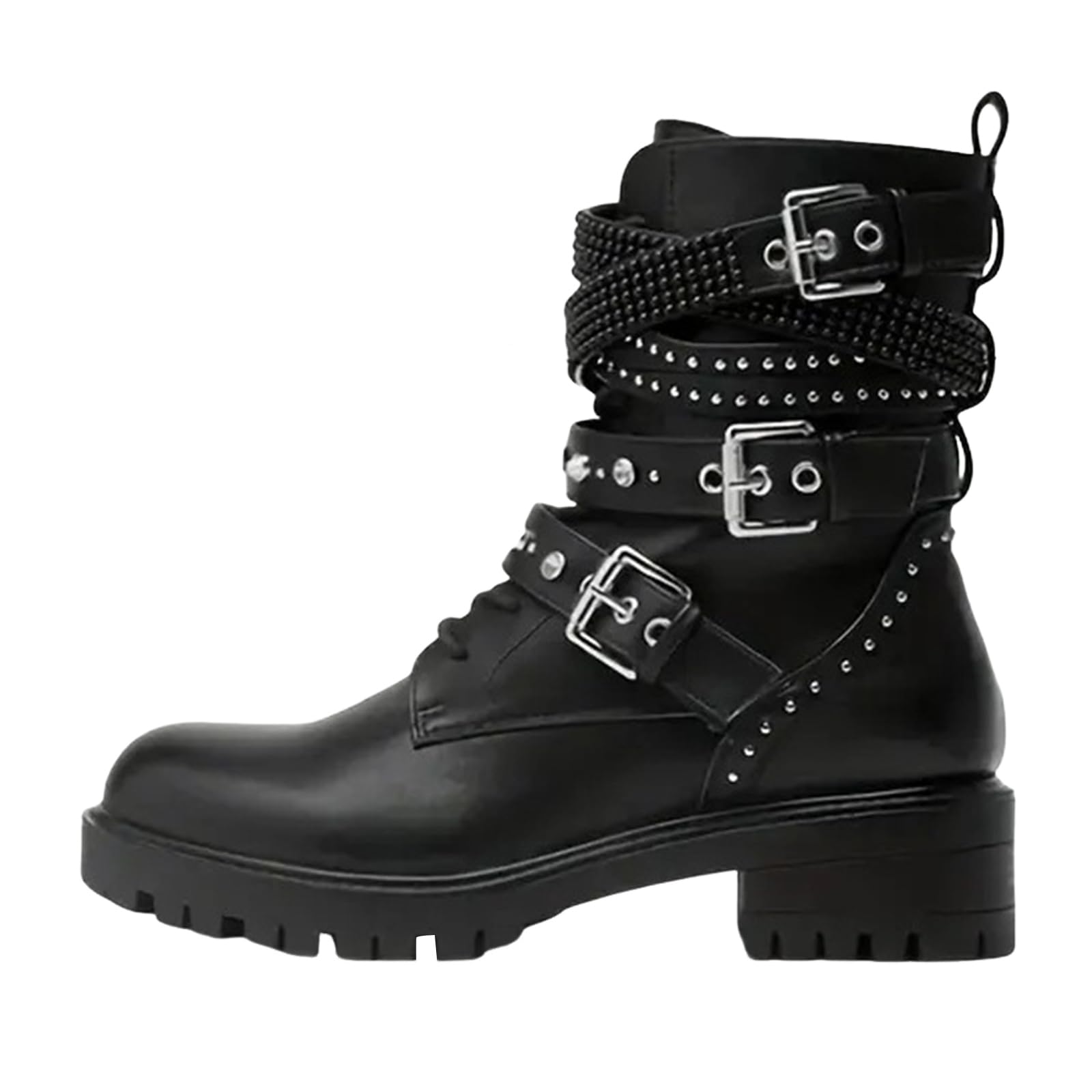 Black Boots Lace up Side Zipper Five Belt Round Toe Chunky Heel Gothic Punk Studded Combat Booties Fashion