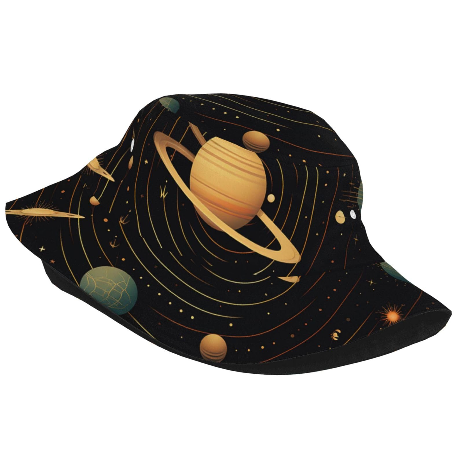 Unisex Cute Bucket Hat Summer Travel Fisherman Cap Retro Astronomical Pattern Beach Travel Sun Hat Outdoor Cap Black