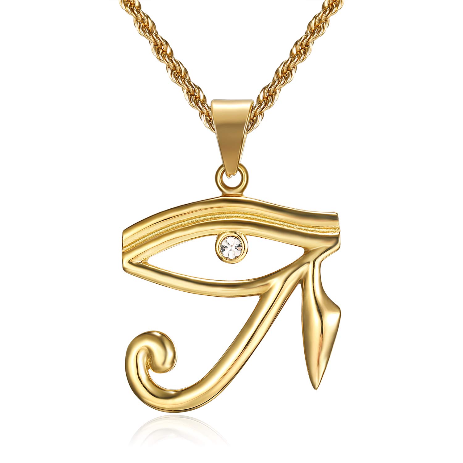 Lee Island FashionCZ 3D Eye of Horus Egyptian Protection Coptic Ankh Cross Pendant Stainless Steel Necklace For Men, 24 Inch Chain Eye of Providence/All-Seeing-Eye/Blue Evil Eye Jewelry Gift