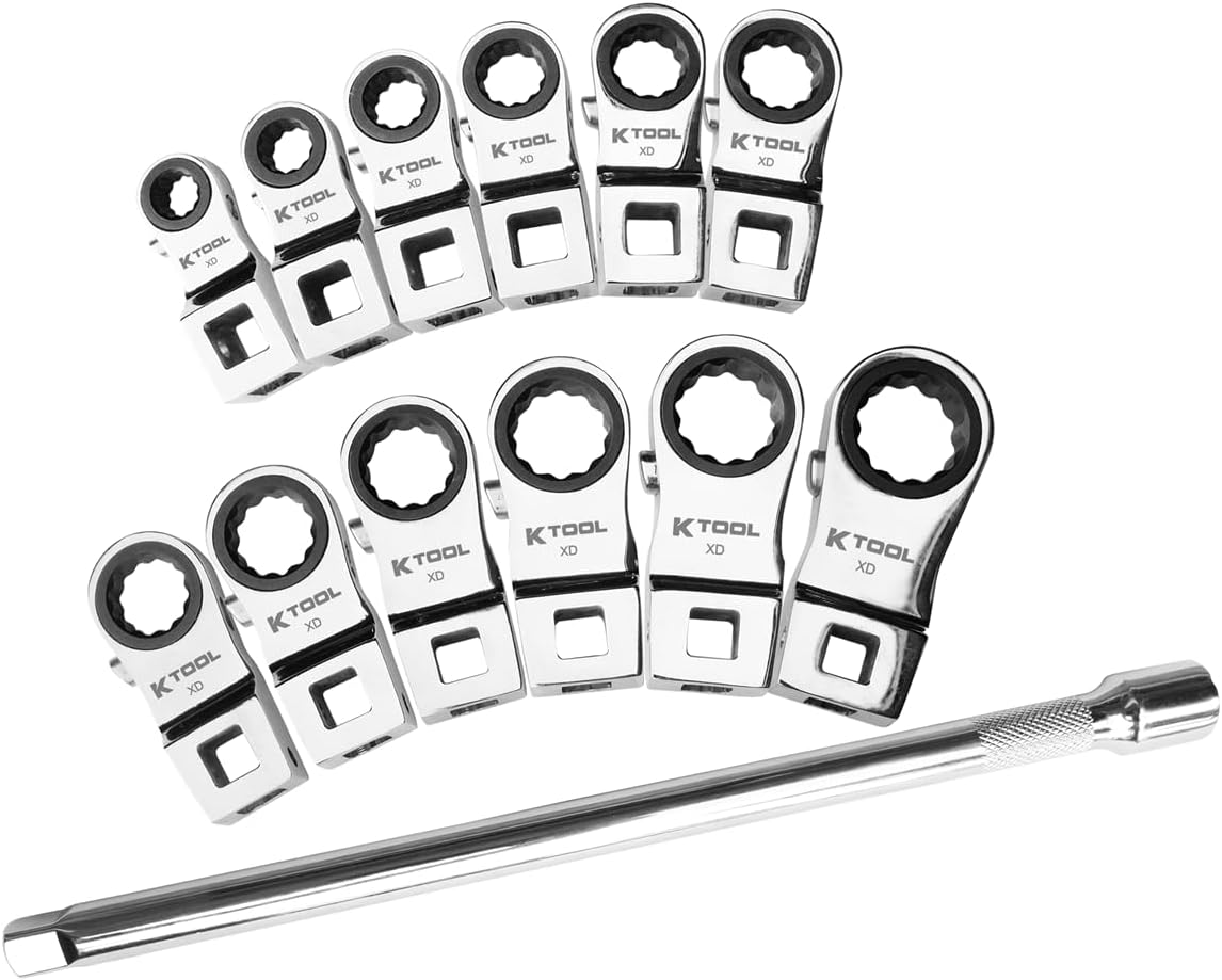 K Tool Internationl XD2CWSM Metric Ratcheting Crowfoot Wrench Set, 13 Piece 3/8 Inch Drive, 72 Tooth Heads, 8 to 19 mm Sizes, Locking Extension Included