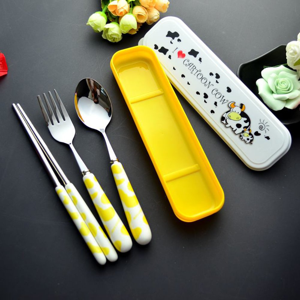 OLizee® Cute Creative Cow Pattern Design Flatware Set of 3 Ceramics Handle Stainless Steel Spoon Fork Chopsticks for Traveling Portable Lovely Animals Korean Tableware Set (Yellow)