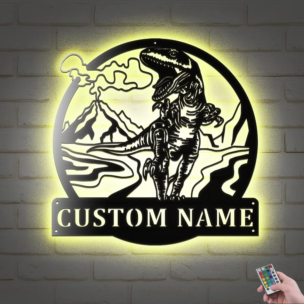 CustomT-Rex Tyrannosaurus Led Lights Metal Wall Art, Personalized Name Tyrannosaurus Art Decoration Hanging for Home Dinosaur Metal Home Decor (24x24 Inches, With Lights)