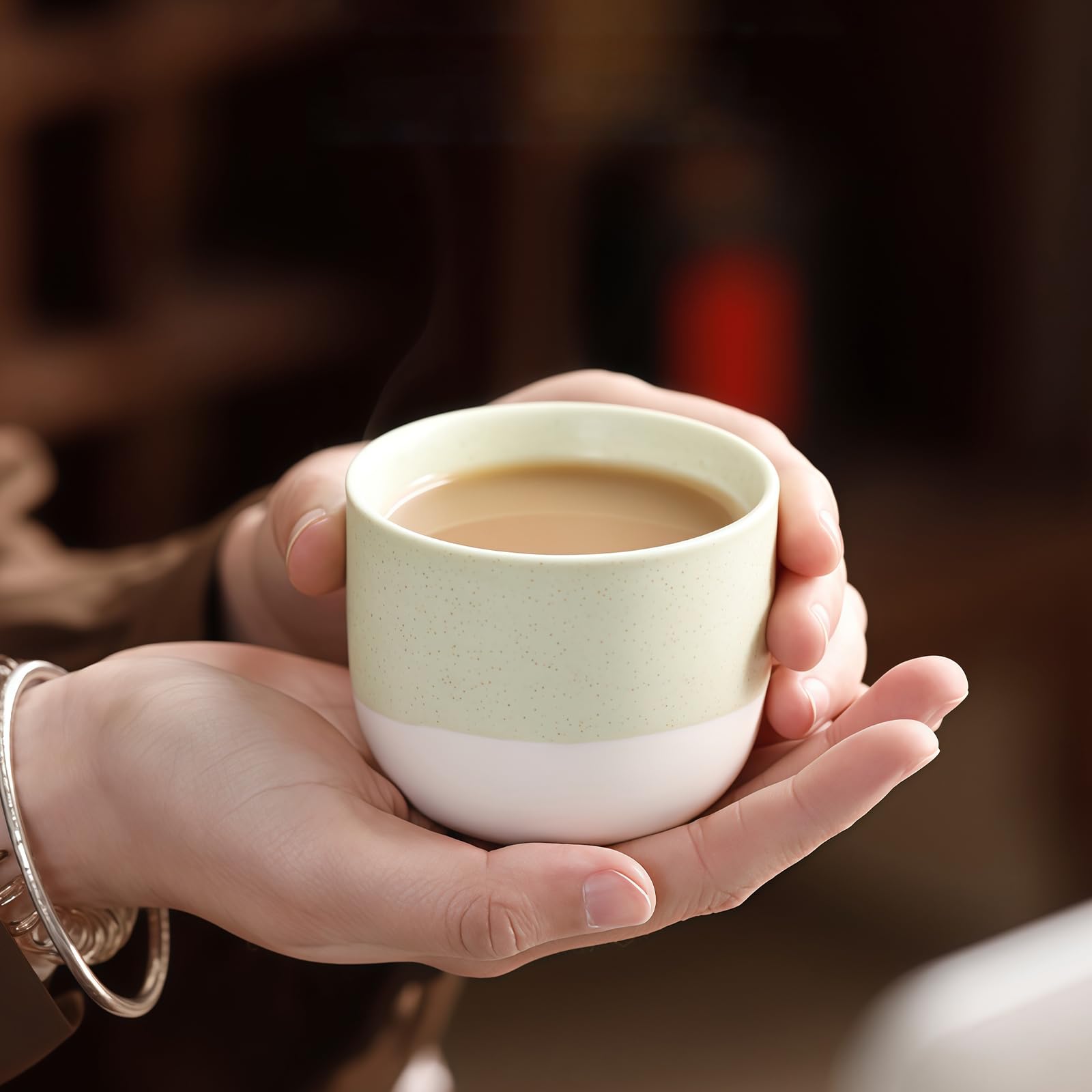 Set di 6 tazze da tè verde chiaro con gradiente, 150 ml, in ceramica, senza manico, tazze da caffè a doppia parete, tazze smaltate