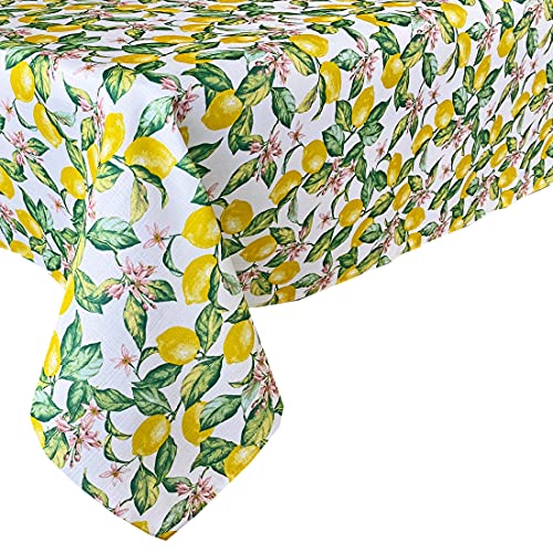 Lintex Meyer Lemon Grove Indoor/Outdoor Fabric Tablecloth, Bright Flowering Lemons Print, Stain Resistant Tablecloth, 52” X 70” Oblong/Rectangular #TOP6
