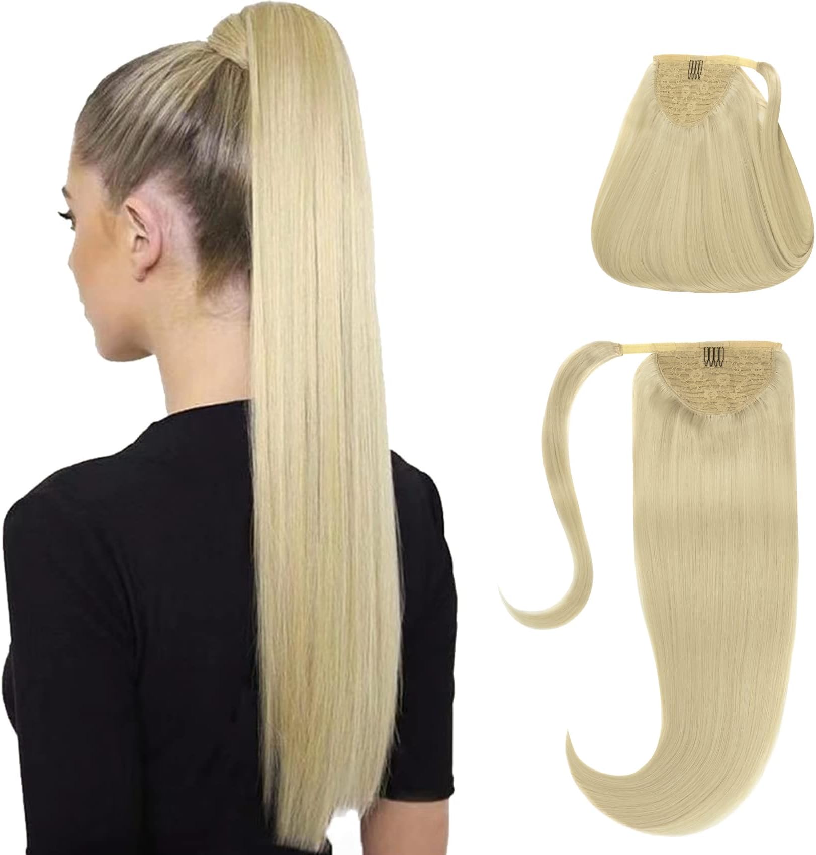 Caliee Wrap Around Ponytail for Women 60A Platinum Blonde 90G 20Inch 100% Real Human Hair Ponytail Extensions Clip on Hair Extension Long Straight Pony Tail One Piece Hairpiece