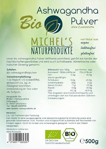 Ashwagandha Pulver von Michel’s Naturprodukte 500g Bio Qualität